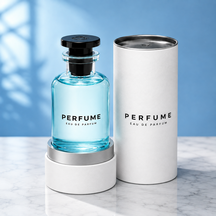 A clear glass perfume bottle filled with light blue liquid stands beside a tall white cylindrical box with a silver band, both labeled PERFUME EAU DE PARFUM, on a white marble surface against a soft blue background.